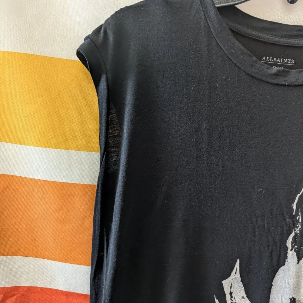 Allsaints Rip It Up Tunic Tee Black Grey Tone Abstract Graphic High Low Hem - Picture 7 of 12